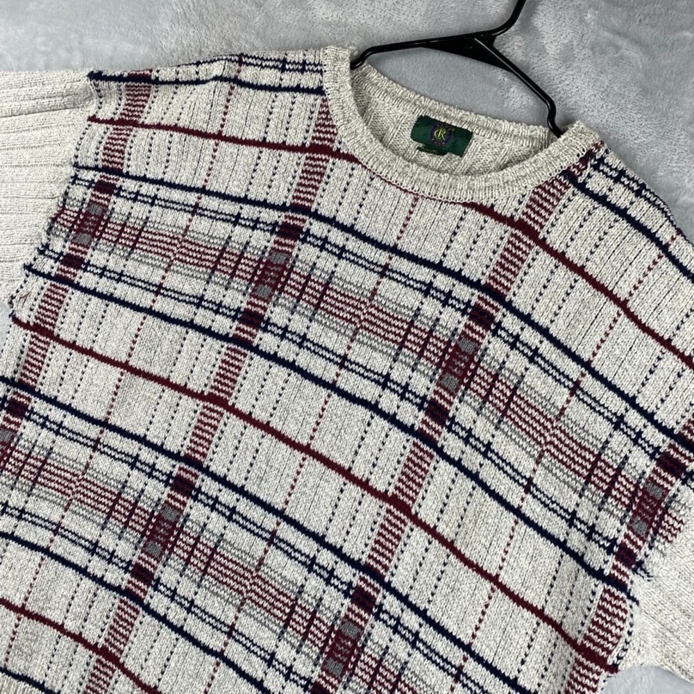 Vintage Club Room Sweater Men XL Ivory Cream Plaid Crewneck Pullover Made In USA - Picture 1 of 8